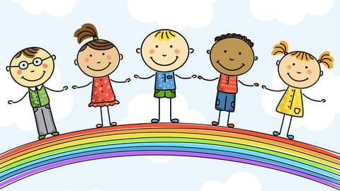 Colour drawing of children holding hands satnding on a rainbow